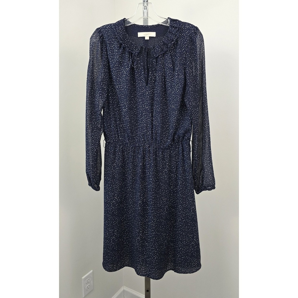 Ann Taylor LOFT‎ Long Sleeve Tie Neck Blue White Polka Dot Dress 8